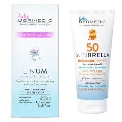Набор Dermedic для детей - молочко солнцезащитное Санбрелла Беби SPF50+ + крем увлажняющий успокаивающий Линум эмолиент беби 100 мл + 100 мл